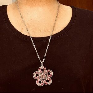 Elegant Silver and Pink Floral Pendant Necklace